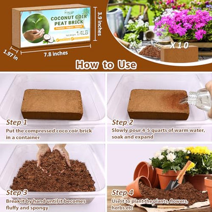 10Pack Organic Coco Coir Brick for Plants, Natural Coconut Coir Soil | Moisture Retention, Coconut Fiber Substrate for Seed Starting, Soil Amendment, Potting Mix, Gardening, Composting & Reptile - size: 10 Pack