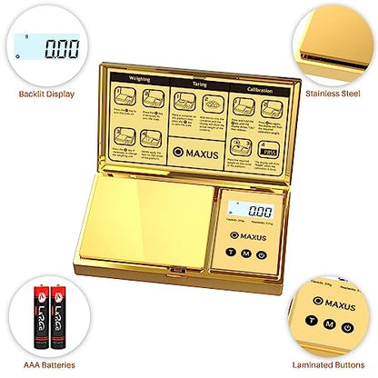 Digital Gram Scale 200g x 0.01g, Gold Pocket Scale for Jewelry, Food | Gold Plated Cover and Platform, Measures Grams and Ounces, Compact Scale for Grains, Gems, Coins and Small Items - color: Gold