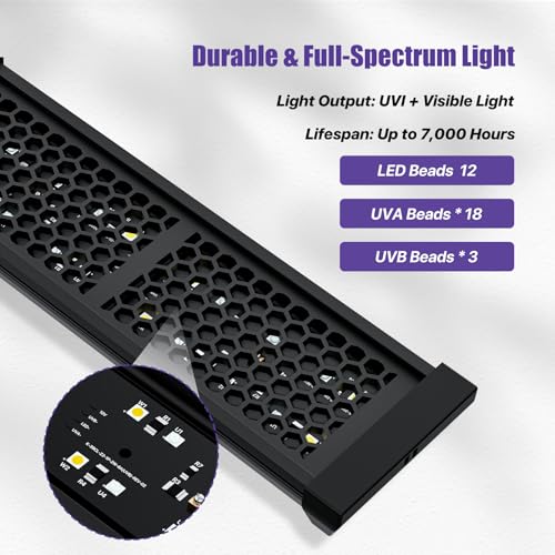 12 Inch LED UVB Reptile Light with 24H Cycle Timer & Dimmer | 12W UVA UVB Lamp, UVI Switching, Brightness Adjustment for Turtle, Bearded Dragon, Lizard and More(No Heat) - size: 12 inches