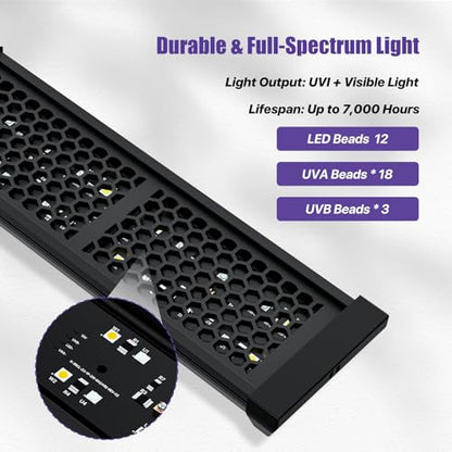 12 Inch LED UVB Reptile Light with 24H Cycle Timer & Dimmer | 12W UVA UVB Lamp, UVI Switching, Brightness Adjustment for Turtle, Bearded Dragon, Lizard and More(No Heat) - size: 12 inches