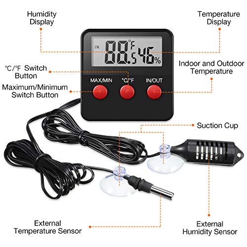 Weewooday 4 Pcs Reptile Thermometer and Humidity Gauge Reptile Terrarium Thermometer Hygrometer with Probes Indoor Outdoor Digital Pet Temperature and Hygrometer Gauge for Pet Keeping
