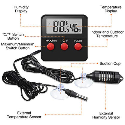 Weewooday 4 Pcs Reptile Thermometer and Humidity Gauge Reptile Terrarium Thermometer Hygrometer with Probes Indoor Outdoor Digital Pet Temperature and Hygrometer Gauge for Pet Keeping