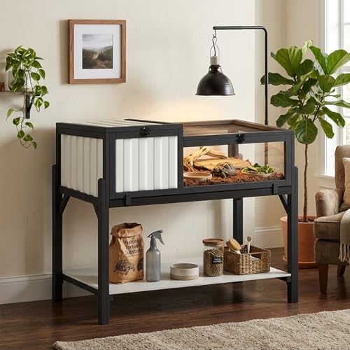 Modern Black & White Tortoise Habitat, 2-Zone Wooden Reptile Enclosure with Adjustable Lamp Stand, Storage Shelf, Acrylic Viewing Window for Tortoises, Geckos & Small Reptiles - color: Black & White