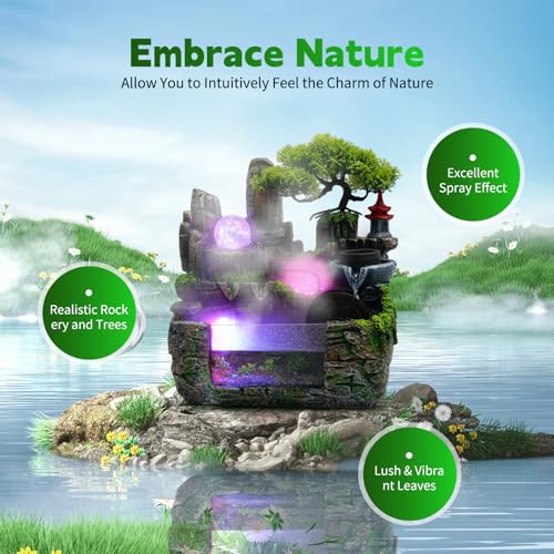 Indoor Rockery Fountain Goldfish Tabetop Waterfall with Atomizer & LED Light,Feng Shui Desktop Water Fountain Decoration,Perfect for Office, Home, Bedroom Desk