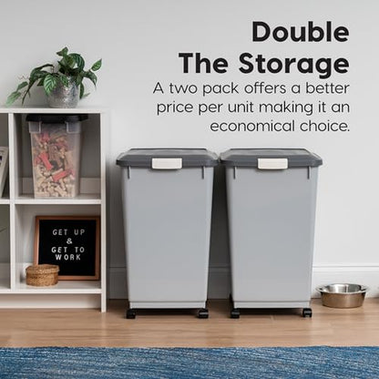 IRIS USA Dog Food Storage Container, 2-Pack, Up to 54 lbs, Gray/Dark Gray | Made in the USA, Comes w/ Wheels & 2-Cup Scoop, Airtight Seal, BPA-Free, Bird Seed, Cat food, Cat Litter, Multi-Pet Household - color: Gray/Dark Gray, size: 54 lbs - 2 Pack