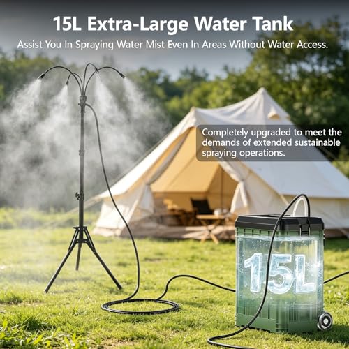 Misters for Outside Patio with 15L Bucket, Standing Portable Misting Cooling System with Adjustable Height(up to 47in), with 10000mAh Water Pump, 8 Nozzles, for Outdoor Patio Cooling Pool BBQ