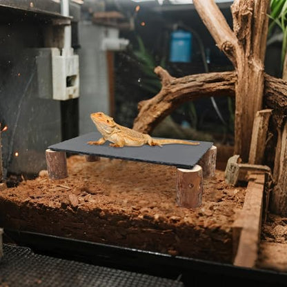 Bearded Dragon Basking Platform, Slate Rocks for Reptiles with Wooden Pile, Leopard Gecko Hides and Caves, Reptile Tank Accessories for Bearded Dragons, Geckos, Ball Pythons, Tortoise (Black, Large) - size: Large