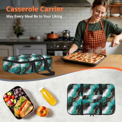 Hot Cold Food Carrier Tote Abstract Turquoise Print | Abstract Black White Green Turquoise Marble, Insulated Single Carrier with Handles Zipper Fits 9x13 Baking Dish Picnic - color: Pattern (768)