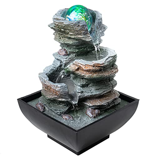 Father'sDen Tabletop Water Fountain-Indoor Waterfall-Desk Fountain-Audible Relaxing Waterfall Sounds from mini Water Feature with Inspiring LED Colors from Spinning Glass Ball