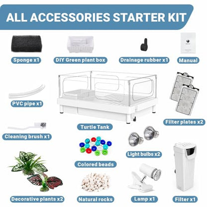 GOZILLA Small Turtle Tank Kit(Tank+Lamp+Filter), Acrylic Turtle Starter Kit with Adjustable Lamp, Reptile Habitat and Terrarium with Multi-Functional Areas for Small Reptiles. (White Kit)
