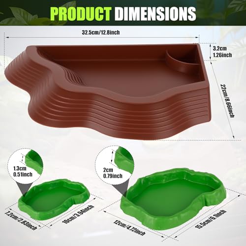 3 Pcs Tortoise Water Bowl with Ramp, Reptile Food Water Bowl Turtle Pool, Tortoise Bathing Pool Turtle Soaking Dish Aquarium Habitat Accessories(trumpet-3-brown Plus Green) - color: trumpet-3-brown plus green