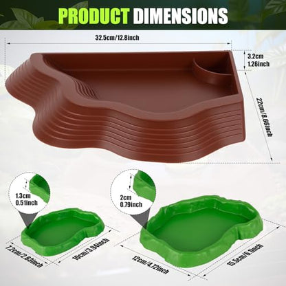 3 Pcs Tortoise Water Bowl with Ramp, Reptile Food Water Bowl Turtle Pool, Tortoise Bathing Pool Turtle Soaking Dish Aquarium Habitat Accessories(trumpet-3-brown Plus Green) - color: trumpet-3-brown plus green