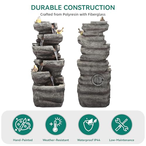 39.4" 6-Tier Cascading Rock Outdoor Fountain LED Bird Waterfall | hand-carved stone with birds, garden patio porch backyard - color: 39.4"h Gray