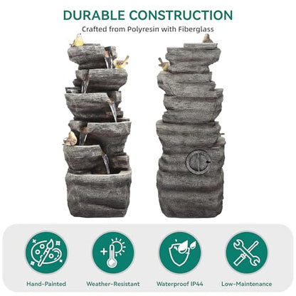 39.4" 6-Tier Cascading Rock Outdoor Fountain LED Bird Waterfall | hand-carved stone with birds, garden patio porch backyard - color: 39.4"h Gray