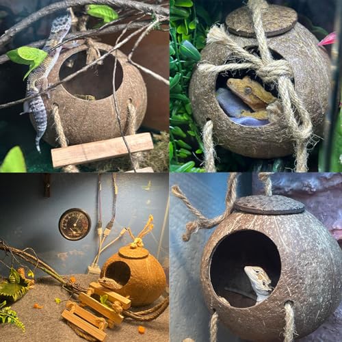 Crested Gecko Tank Accessories,Gecko Coconut Hut Hideout with Ladder Reptile Hammock Lizards Hanging Plants Flexible Climbing Jungle Vine Leaves Terrarium Decor - style: 【Style B】