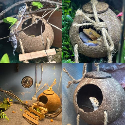 Crested Gecko Tank Accessories,Gecko Coconut Hut Hideout with Ladder Reptile Hammock Lizards Hanging Plants Flexible Climbing Jungle Vine Leaves Terrarium Decor - style: 【Style B】