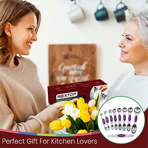 Magnetic Measuring Spoons Set of 9 Stainless Steel Dual-Sided Stackable Measuring Spoon Nesting Teaspoons Measuring Dry and Liquid Ingredients, Fits in Spice Jars Set of 9 (Purple) - color: Purple