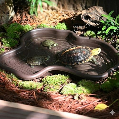 Extra Large Reptile Bathing Pool Reptile Feeding Dish Water Bowl with Ramp Aquarium Ornament for Gecko, Snake, Turtle, Bearded Dragon, Lizard Bath (Black)