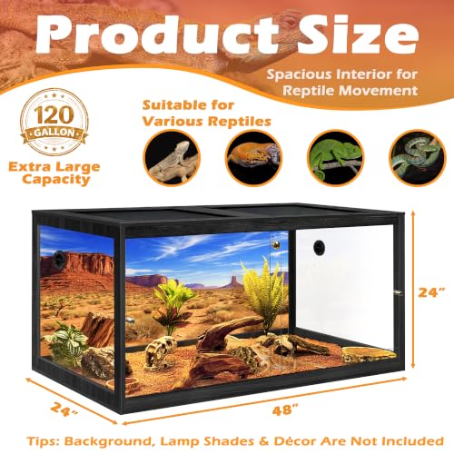 120 Gallon Bearded Dragon Tank, 4x2x2 Reptile Enclosure with Tempered Glass Sliding Doors, Lockable Front Opening and Metal Mesh Top, Large Terrarium for Lizards and Snakes, Black - color: Black