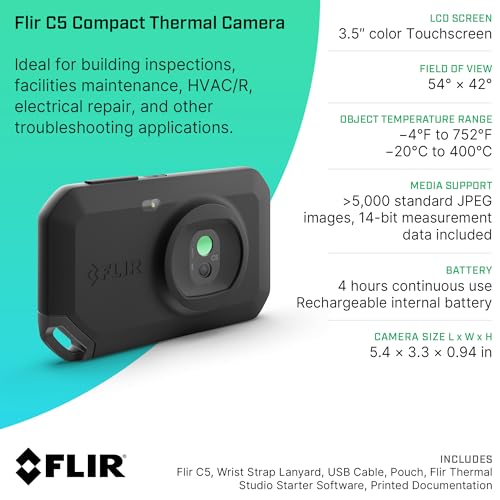 Flir C5 Compact Thermal Imaging Camera, WiFi, 160x120 MSX, Ignite | -20 to 400C, 5MP visual, LED flashlight, Ignite cloud, pocket, battery, charger, case