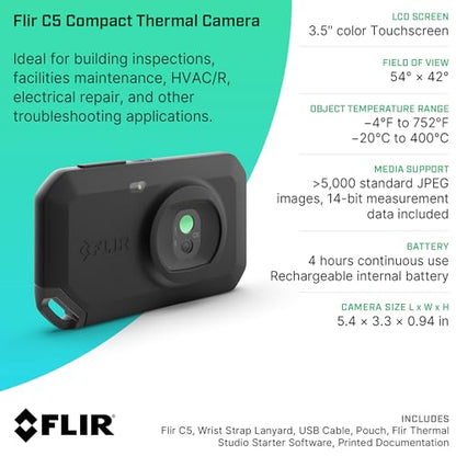 Flir C5 Compact Thermal Imaging Camera, WiFi, 160x120 MSX, Ignite | -20 to 400C, 5MP visual, LED flashlight, Ignite cloud, pocket, battery, charger, case
