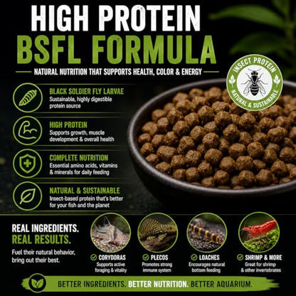 Bottom Feeder Fish Food – Sinking BSFL Pellets for Corydoras, Plecos & Loaches – High Protein Insect-Based Aquarium Fish Diet – BugGraze