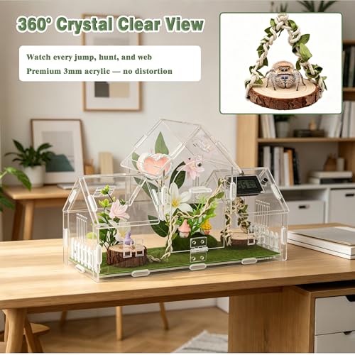 23-in-1 Jumping Spider Enclosure Kit, Acrylic Tarantula Terrarium with Full Accessories & Decor Set, Complete Small Habitat for Praying Mantis Insect Reptile, 11.8"x4.5"x8"