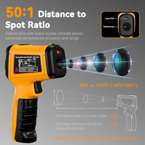 Infrared Thermometer Gun, -58°F to 1796°F, Dual-Mode 50:1 | Surface & Internal Temperature Measurement，932°F K-Type Probe Included，Humidity & HVAC System Monitoring - color: Yellow/-58°F to 1796°F and -4°F to 932°F