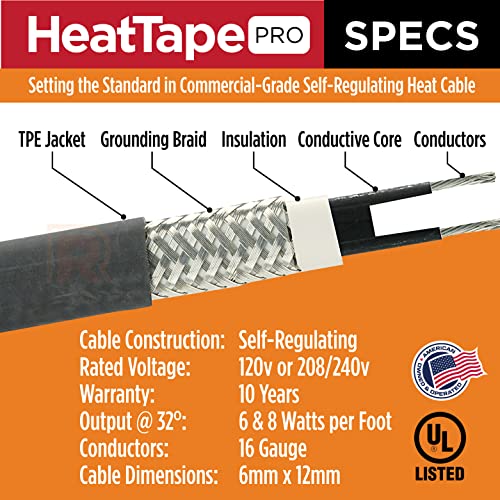 Heat Tape Pro - Self-Regulating Heat Cable - Long Term Ice Dam, Roofing, Gutter & Pipe Freeze Protection - 12 MM, 6 Watts Per Foot (250, 120 Volt) - style: 250 Feet
