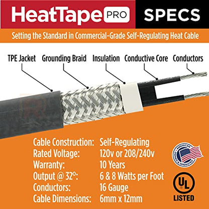 Heat Tape Pro - Self-Regulating Heat Cable - Long Term Ice Dam, Roofing, Gutter & Pipe Freeze Protection - 12 MM, 6 Watts Per Foot (500, 120 Volt) - style: 500 Feet