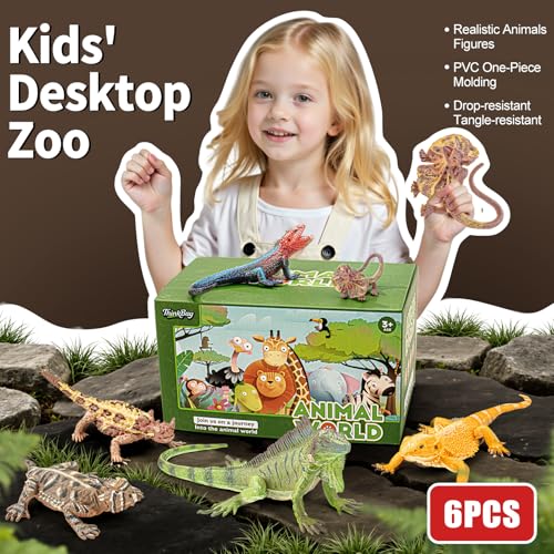 6PCS Large Lizard Figurines Animal Toys, Realistic Plastic Reptile Animal Figures, Includes Bearded Dragon,Green Iguana,Frilled,Coast Horned,Plains Rock Figures, Educational Toy for Kids - style: 6PCS Lizards-1