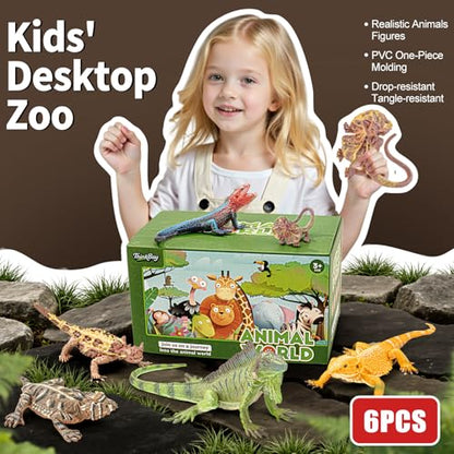 6PCS Large Lizard Figurines Animal Toys, Realistic Plastic Reptile Animal Figures, Includes Bearded Dragon,Green Iguana,Frilled,Coast Horned,Plains Rock Figures, Educational Toy for Kids - style: 6PCS Lizards-1