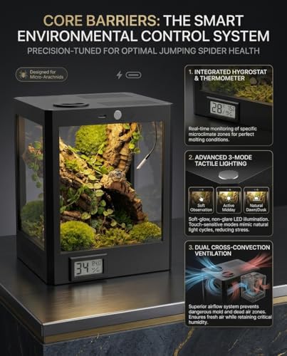 Smart Jumping Spider Terrarium with LED Light & Temp Humidity Monitor – Micro-Jungle Reptile Enclosure, Vertical Desktop Rainforest Ecosystem Display Decor