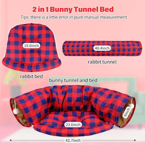 BWOGUE Bunny Tunnel Bed, 2-in-1 Collapsible Rabbit Tunnel Hideout with Mat | Red Plaid Rabbit Tunnel for Indoor Bunnies, 46.8 in Length, Removable Mat for Rest, Ball Toy for Play, Cats and Guinea Pigs - color: RedPlaid