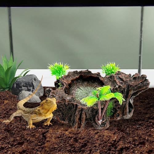 PINVNBY Reptile Water Dish, Snake Water Bowl, Resin Turtle Basking Platform with Artificial Plants, Crested Gecko Tank Accessories for Bearded Dragon, Hermit Crab, Snake (Smooth)