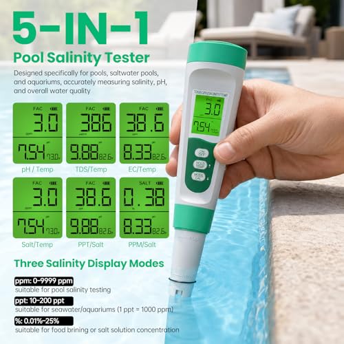 Salt Tester for Saltwater Pool & PH Meter, High Accuracy Pool Salt Tester, 5 in 1 Salinity PH Temp EC TDS Meter for Pool Hot Tub Swimming Aquarium, Daily Maintenance & Water Quality Testing, Green