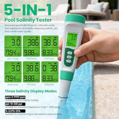 Salt Tester for Saltwater Pool & PH Meter, High Accuracy Pool Salt Tester, 5 in 1 Salinity PH Temp EC TDS Meter for Pool Hot Tub Swimming Aquarium, Daily Maintenance & Water Quality Testing, Green