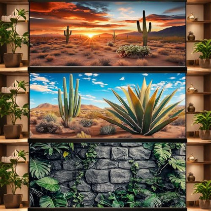 48X24IN 3 Pack Aquarium Terrarium Fish Tank Background, Reptile Habitat Bearded Dragon Tank Background, Polyester Black Rock Sun and Desert Cactus Terrarium Decor Wallpaper - size: 48X24in/120X60cm