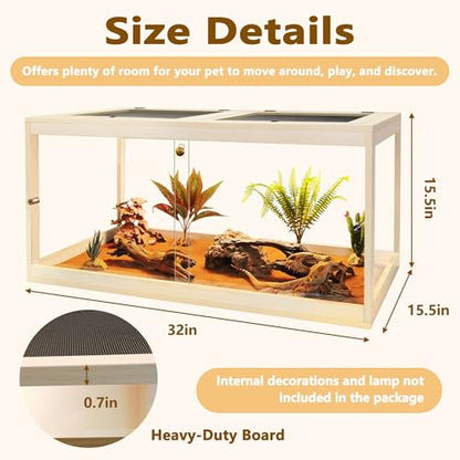34 Gallon Reptile Terrarium Tank 32 Inch Lizard Tank Bearded Dragon Tank with Metal Mesh Roof Door, Snake Tank with Lock Design, 32" Length - color: Oak, size: 34 Gallons