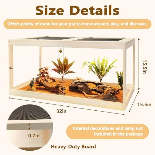 34 Gallon Reptile Terrarium Tank 32 Inch Lizard Tank Bearded Dragon Tank with Metal Mesh Roof Door, Snake Tank with Lock Design, 32" Length - color: Oak, size: 34 Gallons