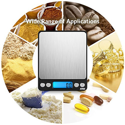 AMIR Digital Kitchen Scale, 3000g 0.01oz/0.1g Pocket Cooking Scale, Mini Food Scale, Pro Electronic Jewelry Scale with Back-Lit LCD Display, Tare & PCS Functions, Stainless Steel, Black - color: Black