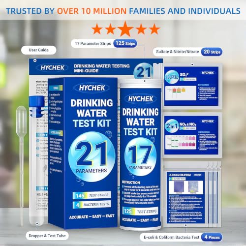 21 in 1 Accurate Drinking Water Test Kit, Well Water Testing Kit | 145 Strips + 4 Bacteria Tests, Home Tap Water Tester for Iron Lead Nitrate Fluoride Chlorine Copper Hardness pH and More