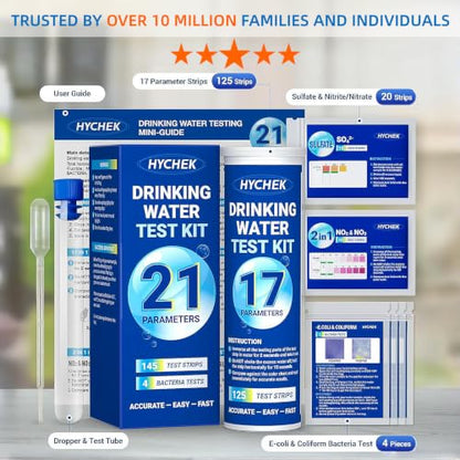 21 in 1 Accurate Drinking Water Test Kit, Well Water Testing Kit | 145 Strips + 4 Bacteria Tests, Home Tap Water Tester for Iron Lead Nitrate Fluoride Chlorine Copper Hardness pH and More