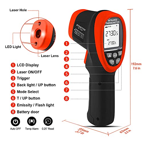 BT-1500 Pyrometer 30:1 Industrial Laser Thermometer Gun, -58℉ to 2732℉ Non Contact High Temp Infrared Thermometer Digital IR Temperature Gauge Orange(NOT for Human Temp Test) - color: Orange