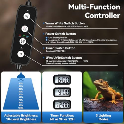 HNRLOY UVB Reptile Light, 9W UVA UVB Dimmable LED Reptile Lamp for Bearded Dragon, Chameleon, Turtles, Gecko, Snake, Lizard, Adjustable 6/10/12H Timer, Dimmable with 3 Lighting Modes - size: 4.9Inch