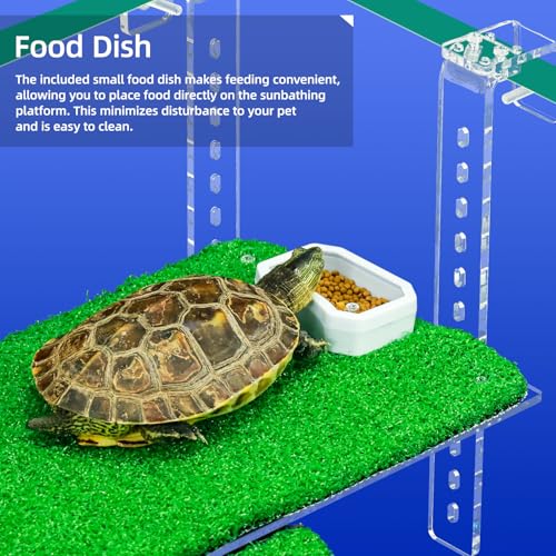 Adjustable Hanging Acrylic Turtle Basking Platform with Ramp 11x5.8 | Anti-slip grass deck for safe basking; adjustable clips fit most rims. Sturdy acrylic ramp, easy setup. Clear view. - size: 11x5.8 Inch