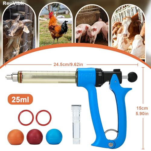 25ml Semi-Auto Repeating Livestock Syringe Gun, 5 Dose Settings | Ergonomic Grip, Clear Barrel & Luer Lock, Vet Injector for Cattle, Horses, Goats, Sheep & Pigs - color: Blue25ML