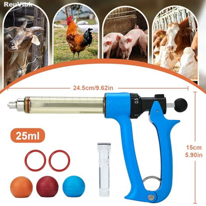 25ml Semi-Auto Repeating Livestock Syringe Gun, 5 Dose Settings | Ergonomic Grip, Clear Barrel & Luer Lock, Vet Injector for Cattle, Horses, Goats, Sheep & Pigs - color: Blue25ML