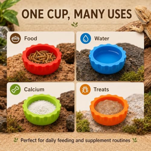 Meow&Woof Reusable Silicone Reptile Feeding Cups – Bearded Dragon Water Bowl & Crested Gecko Food Dish, Habitat Tank Starter Kit Accessories for Turtle, Snake, Hermit Crab- 6 Pcs - color: 6pcs