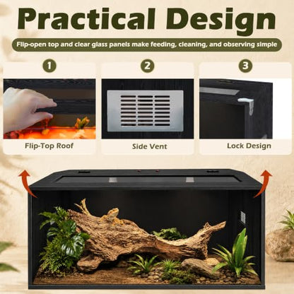Bearded Dragon Tank, Reptile Enclosure, Tempered Glass Lizard Tank, Bearded Dragon Enclosure with Built-in Lamp Fixture and Wooden Roof for Chameleon (32x16x16 Inch, Black) - color: Black, size: 35 gallons